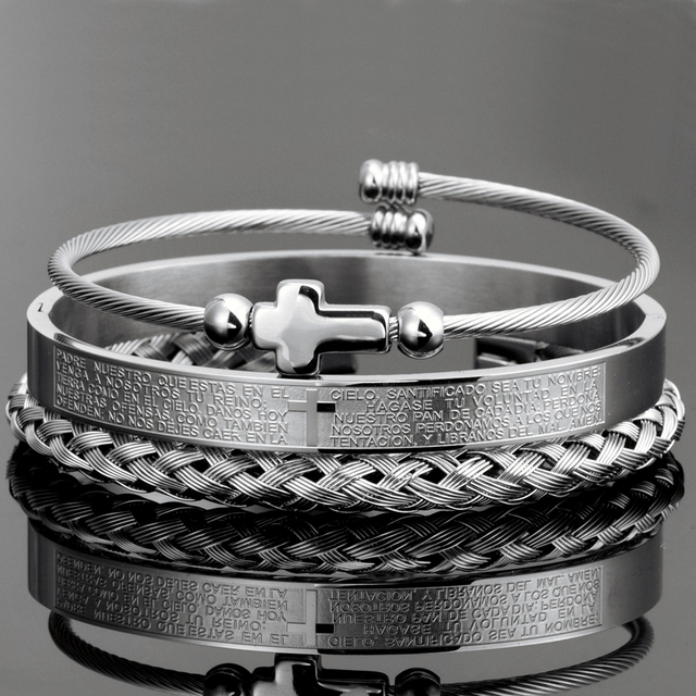 Trio of Our Father Cross Bangles - Snazzy Stainless Steel with Gold and Silver Finish