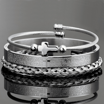 Trio of Our Father Cross Bangles - Snazzy Stainless Steel with Gold and Silver Finish