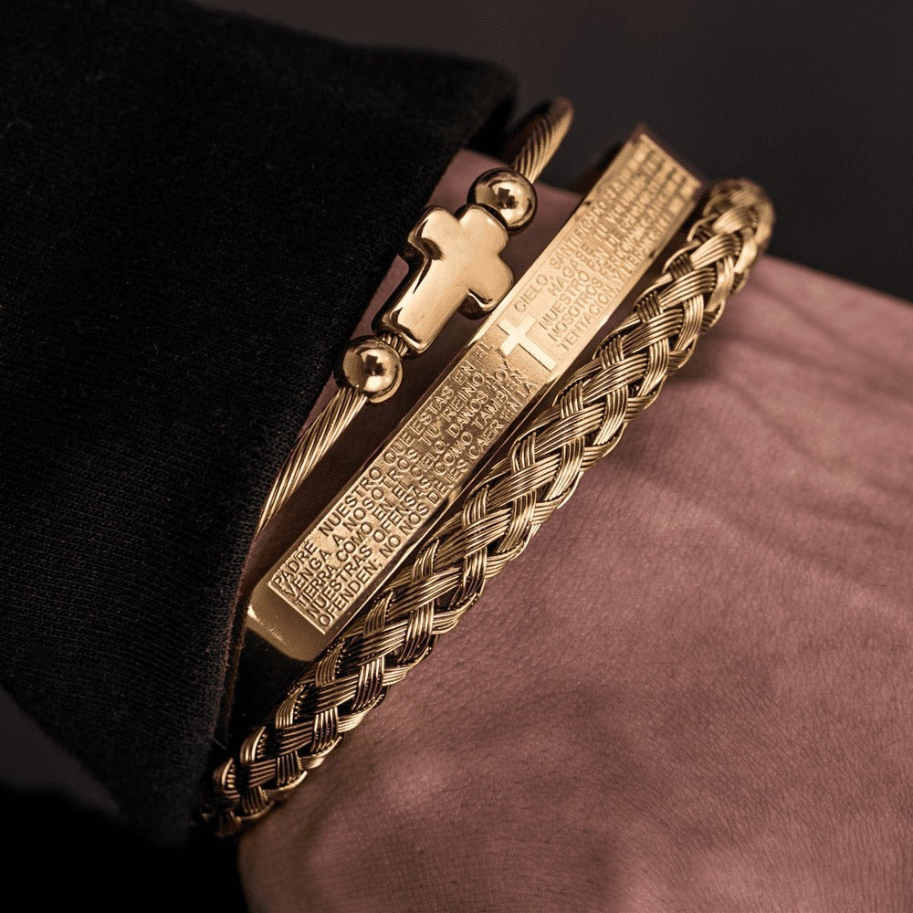 Trio of Our Father Cross Bangles - Snazzy Stainless Steel with Gold and Silver Finish