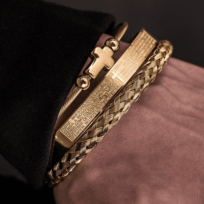 Trio of Our Father Cross Bangles - Snazzy Stainless Steel with Gold and Silver Finish