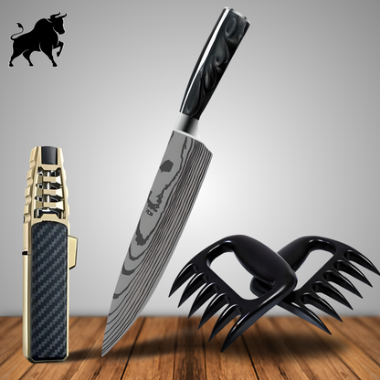 Master's Combo - Black Chef Knife + BBQ Lighter + Pair of Meat Claws