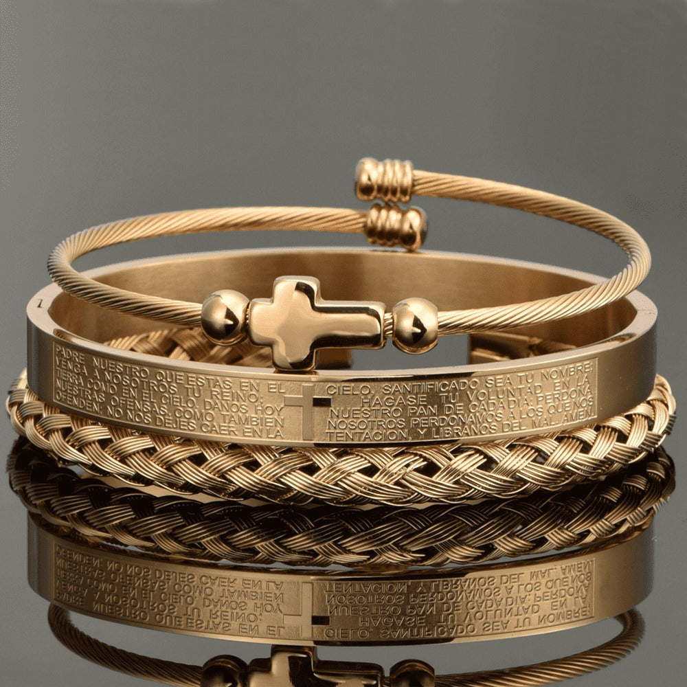 Trio of Our Father Cross Bangles - Snazzy Stainless Steel with Gold and Silver Finish