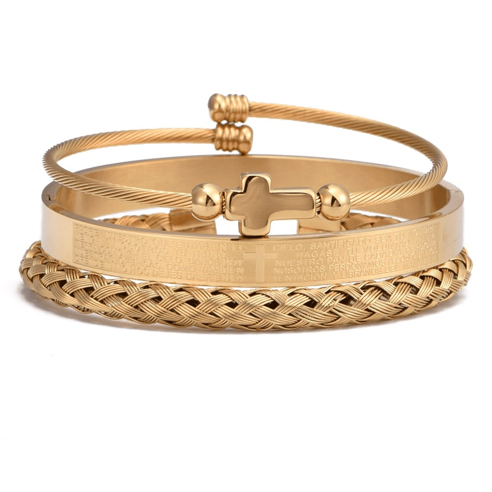Trio of Our Father Cross Bangles - Snazzy Stainless Steel with Gold and Silver Finish