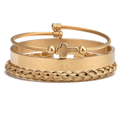 Trio of Our Father Cross Bangles - Snazzy Stainless Steel with Gold and Silver Finish