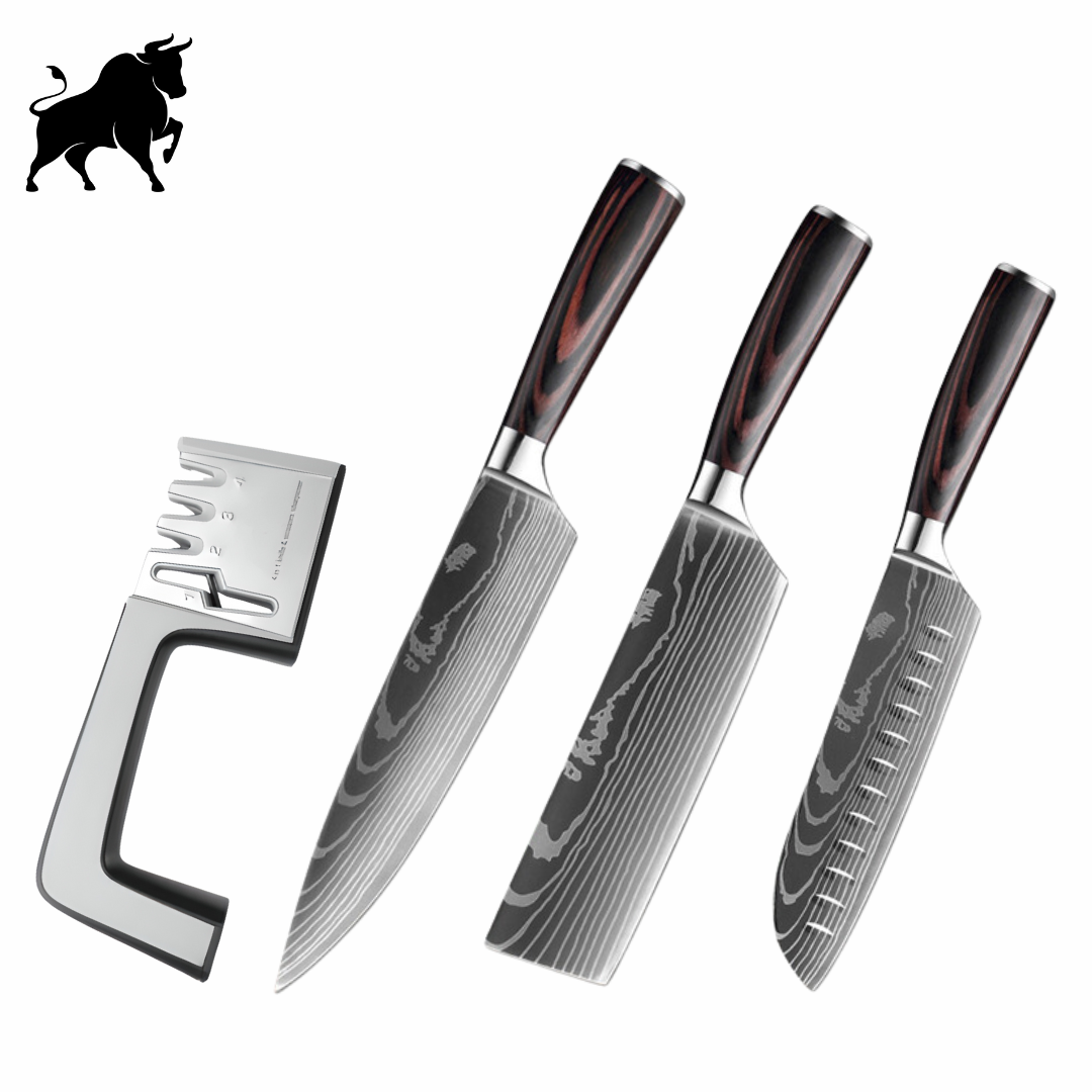 Combo of 3 Master Damascus Steel Knives + 4-in-1 Sharpener